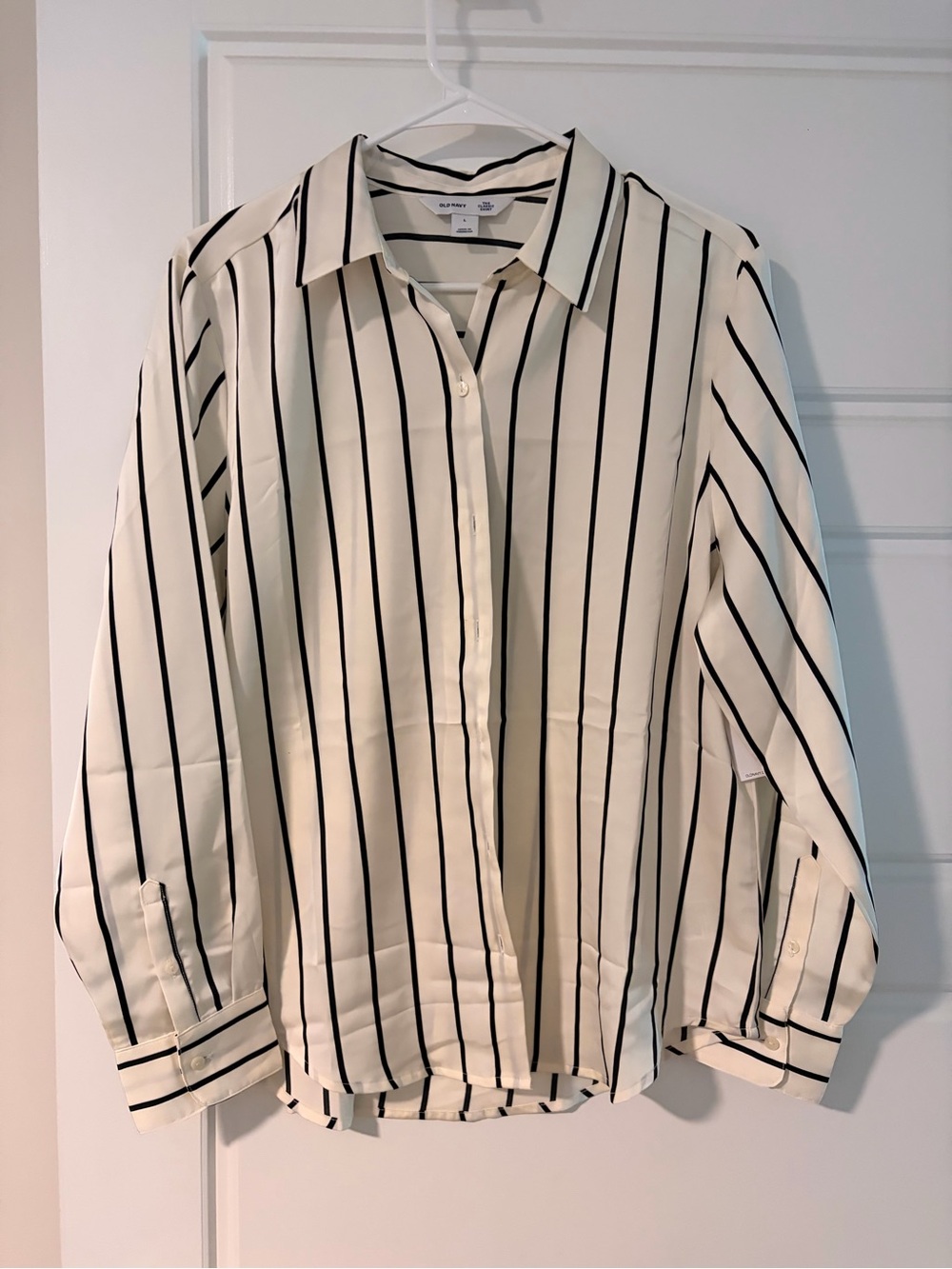 Old Navy Cream Button-Down Shirt with Black Vertical Stripes